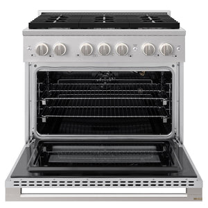 ZLINE 36 in. 5.2 cu. ft. Marino Gas Range with 6 Burner Cooktop and Convection Gas Oven in Stainless Steel (MGR36) front, oven open.