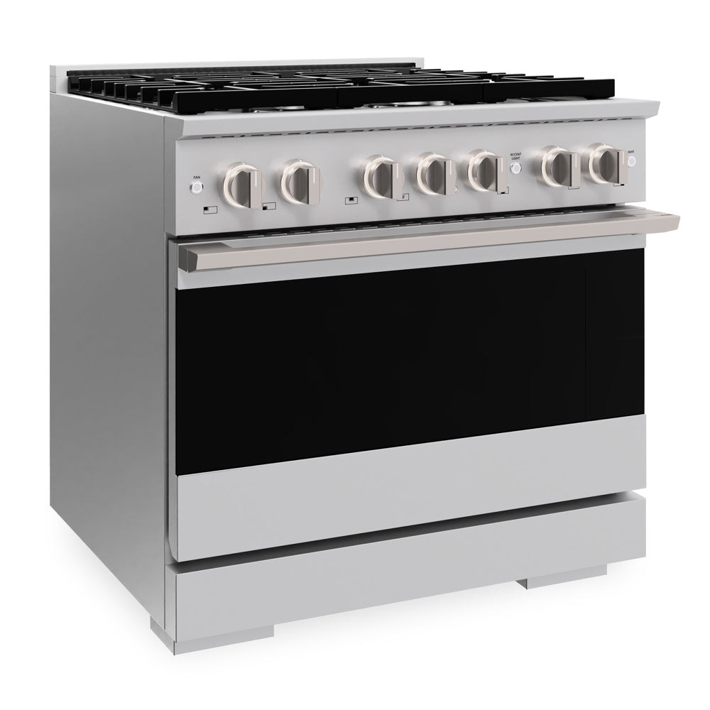 ZLINE 36 in. 5.2 cu. ft. Marino Gas Range with 6 Burner Cooktop and Convection Gas Oven in Stainless Steel (MGR36) side.