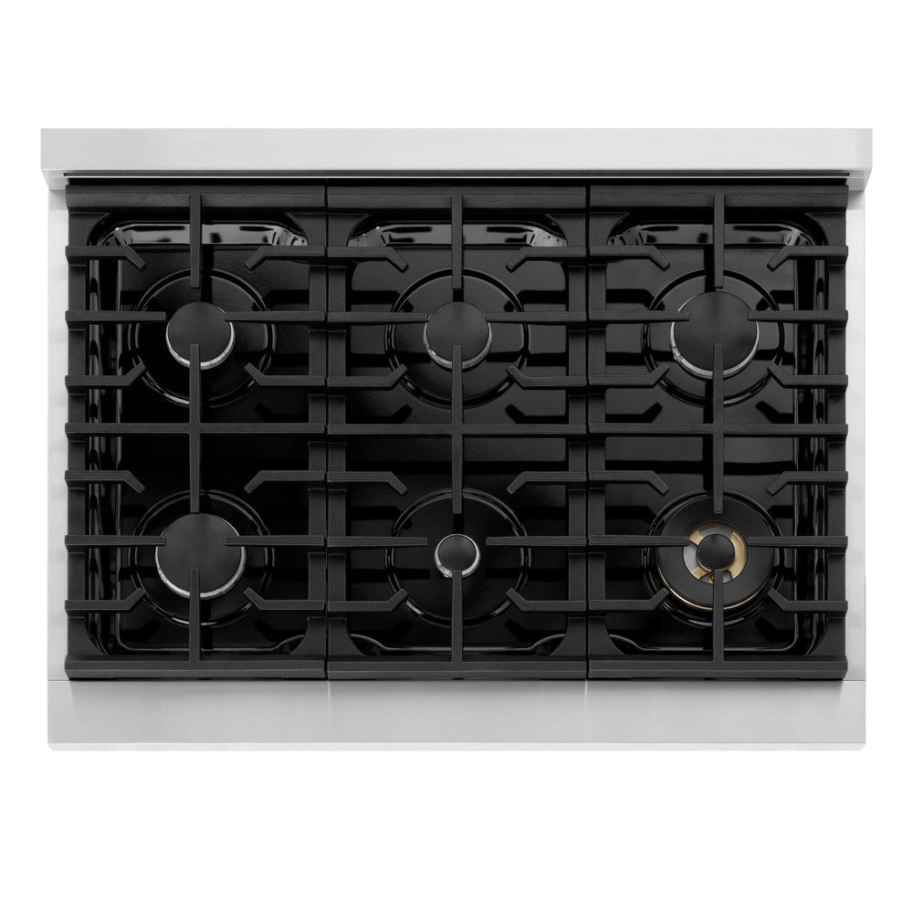 ZLINE 36 in. 5.2 cu. ft. Marino Gas Range with 6 Burner Cooktop and Convection Gas Oven in Stainless Steel (MGR36) top-down, above cooking surface.