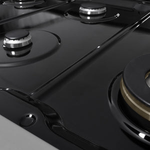 ZLINE 48 in. 6.7 cu. ft. Marino Double Oven Gas Range with 8 Burner Cooktop in Stainless Steel (MGR48) close-up, black porcelain cooktop without grates.