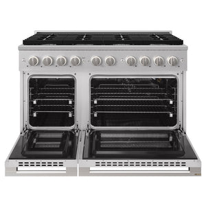 ZLINE 48 in. 6.7 cu. ft. Marino Double Oven Gas Range with 8 Burner Cooktop in Stainless Steel (MGR48) front, oven open.
