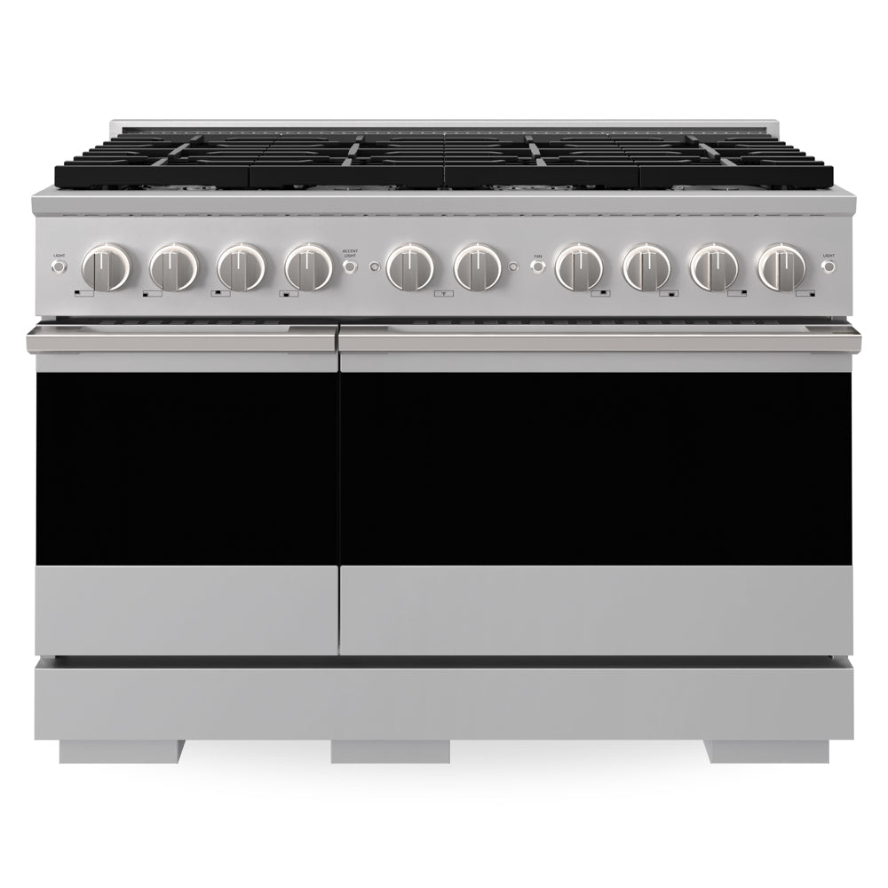 ZLINE 48 in. 6.7 cu. ft. Marino Double Oven Gas Range with 8 Burner Cooktop in Stainless Steel (MGR48) front, oven closed.