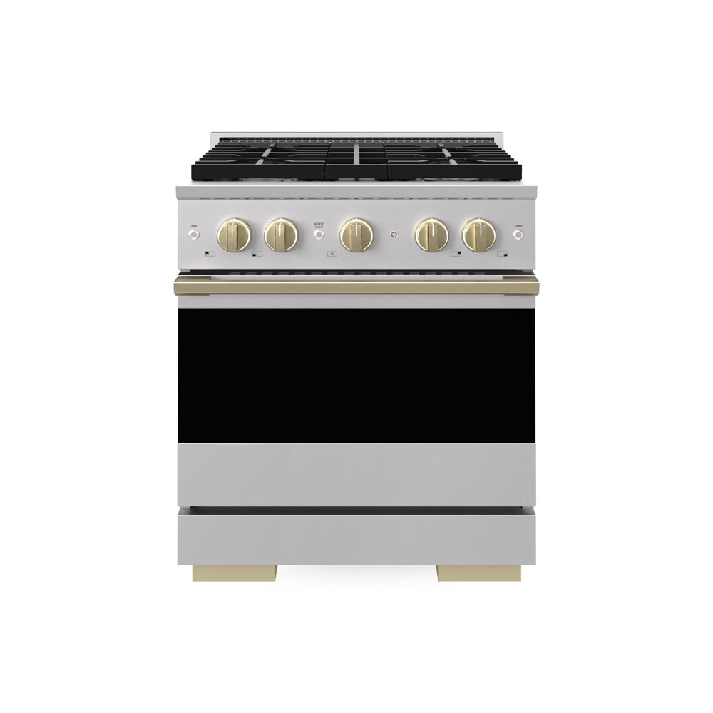 ZLINE Autograph Edition 30 in. 4.2 cu. ft. Marino Gas Range with 4 Burner Cooktop and Convection Gas Oven in Stainless Steel and Champagne Bronze Accents (MGRZ-30-CB)