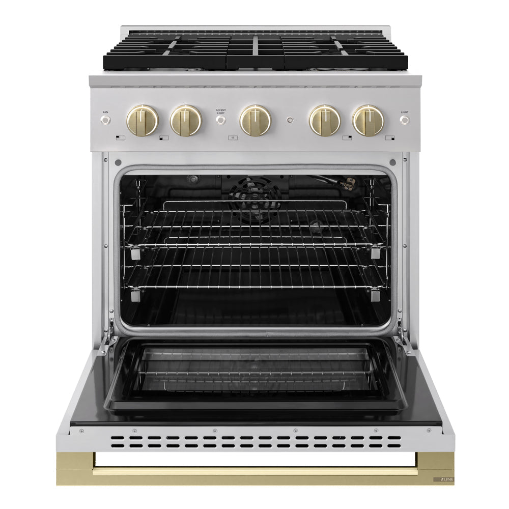 ZLINE Autograph Edition 30 in. 4.2 cu. ft. Marino Gas Range with 4 Burner Cooktop and Convection Gas Oven in Stainless Steel and Champagne Bronze Accents (MGRZ-30-CB)