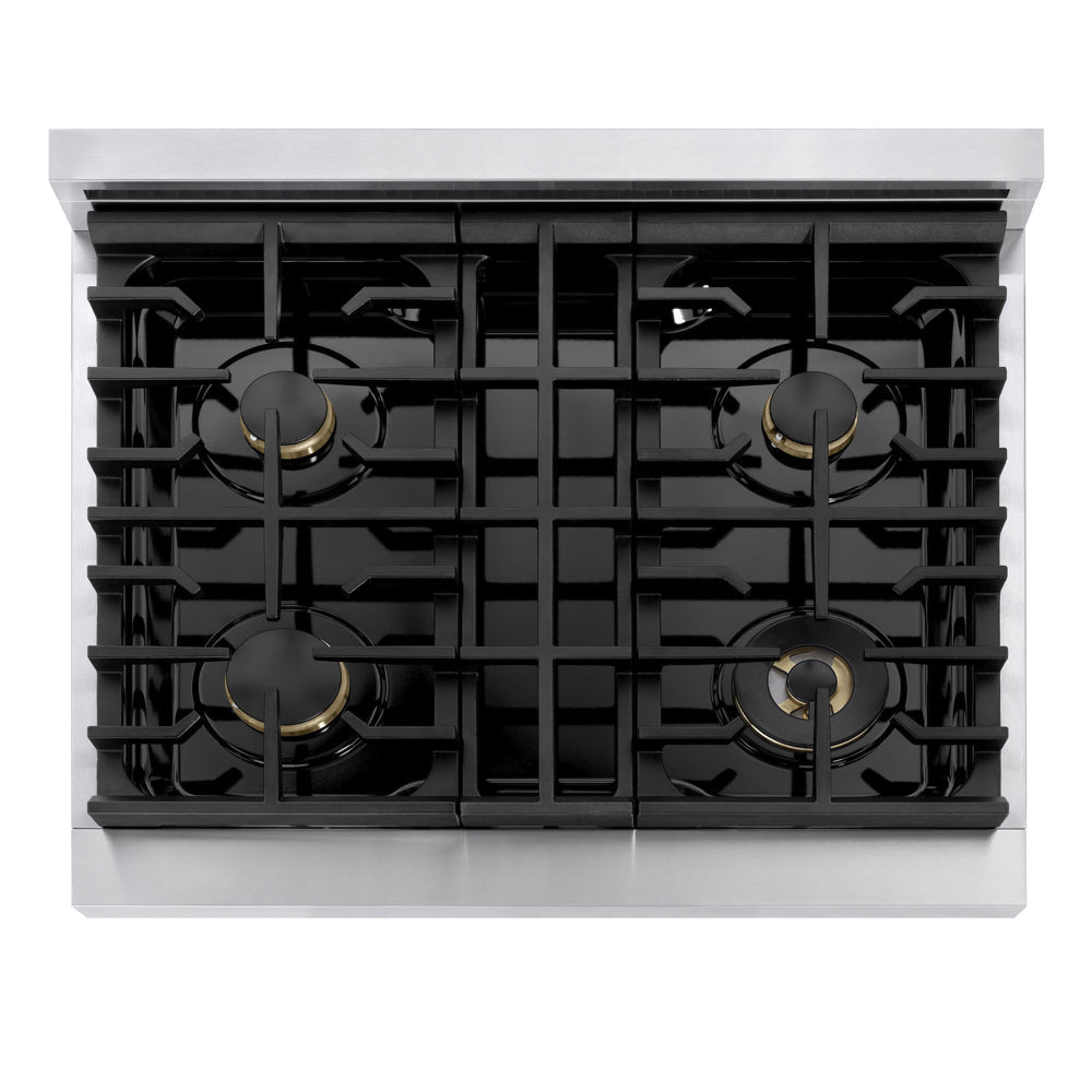 ZLINE Autograph Edition 30 in. 4.2 cu. ft. Marino Gas Range with 4 Burner Cooktop and Convection Gas Oven in Stainless Steel and Champagne Bronze Accents (MGRZ-30-CB)