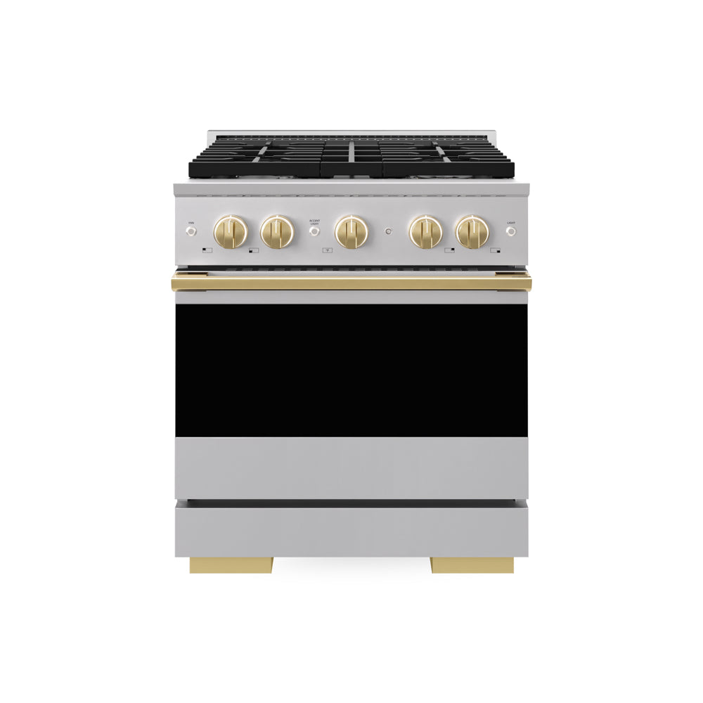 ZLINE Autograph Edition 30 in. 4.2 cu. ft. Marino Gas Range with 4 Burner Cooktop and Convection Gas Oven in Stainless Steel and Polished Gold Accents (MGRZ-30-G)