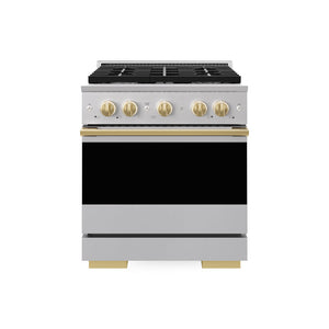 ZLINE Autograph Edition 30 in. 4.2 cu. ft. Marino Gas Range with 4 Burner Cooktop and Convection Gas Oven in Stainless Steel and Polished Gold Accents (MGRZ-30-G)