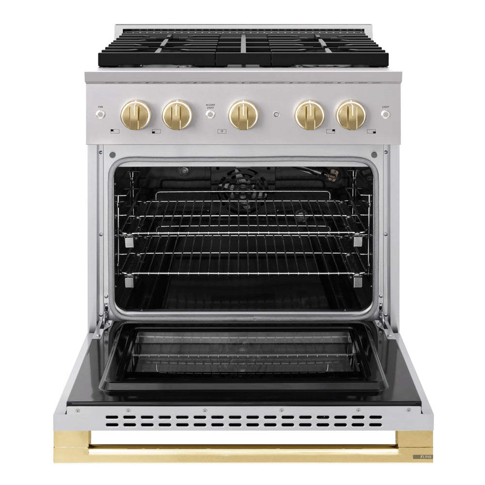 ZLINE Autograph Edition 30 in. 4.2 cu. ft. Marino Gas Range with 4 Burner Cooktop and Convection Gas Oven in Stainless Steel and Polished Gold Accents (MGRZ-30-G)
