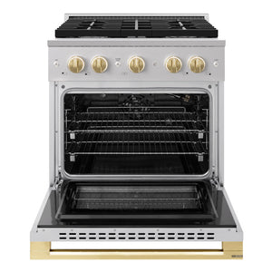 ZLINE Autograph Edition 30 in. 4.2 cu. ft. Marino Gas Range with 4 Burner Cooktop and Convection Gas Oven in Stainless Steel and Polished Gold Accents (MGRZ-30-G)