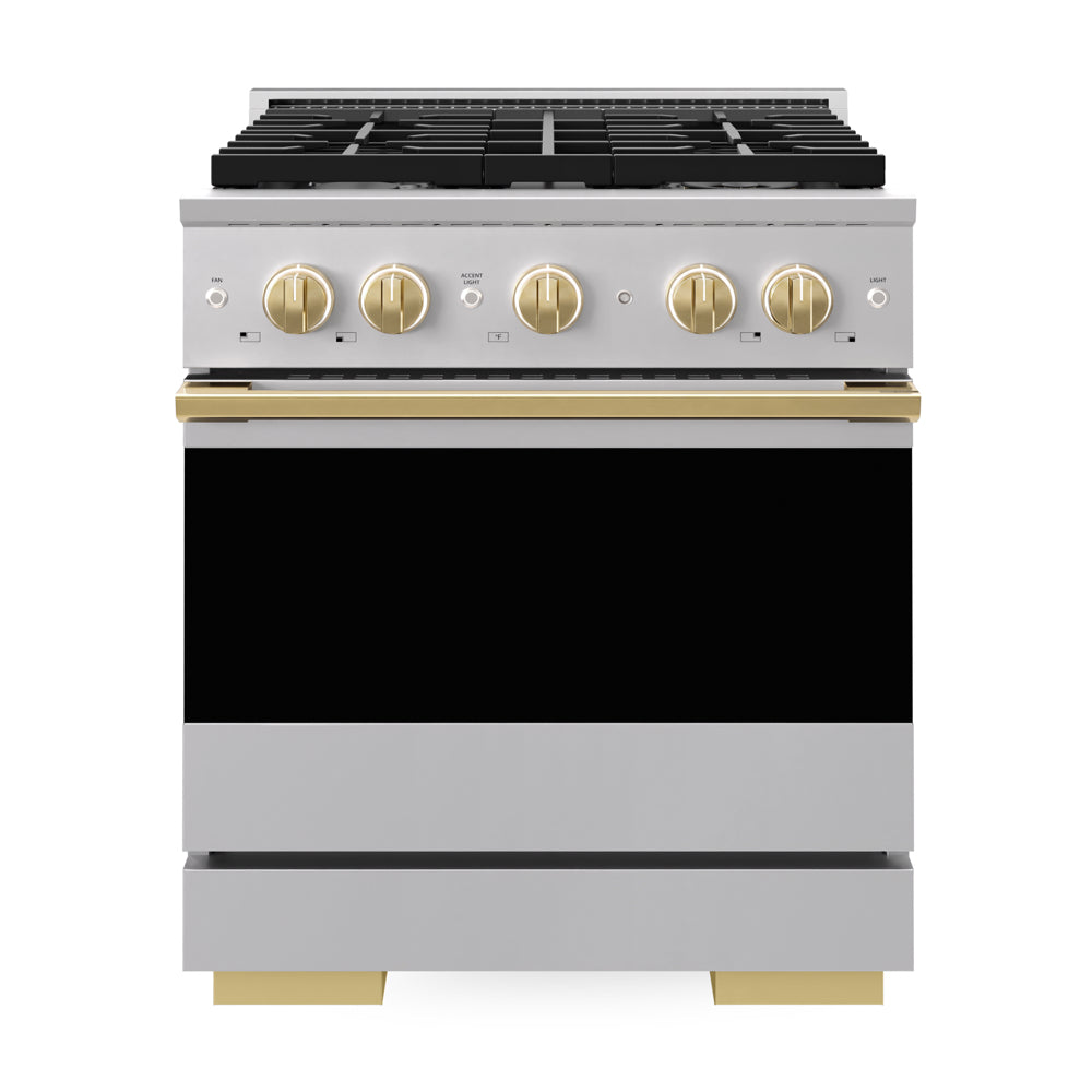 ZLINE Autograph Edition 30 in. 4.2 cu. ft. Marino Gas Range with 4 Burner Cooktop and Convection Gas Oven in Stainless Steel and Polished Gold Accents (MGRZ-30-G)