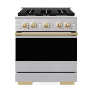 ZLINE Autograph Edition 30 in. 4.2 cu. ft. Marino Gas Range with 4 Burner Cooktop and Convection Gas Oven in Stainless Steel and Polished Gold Accents (MGRZ-30-G)
