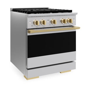 ZLINE Autograph Edition 30 in. 4.2 cu. ft. Marino Gas Range with 4 Burner Cooktop and Convection Gas Oven in Stainless Steel and Polished Gold Accents (MGRZ-30-G)