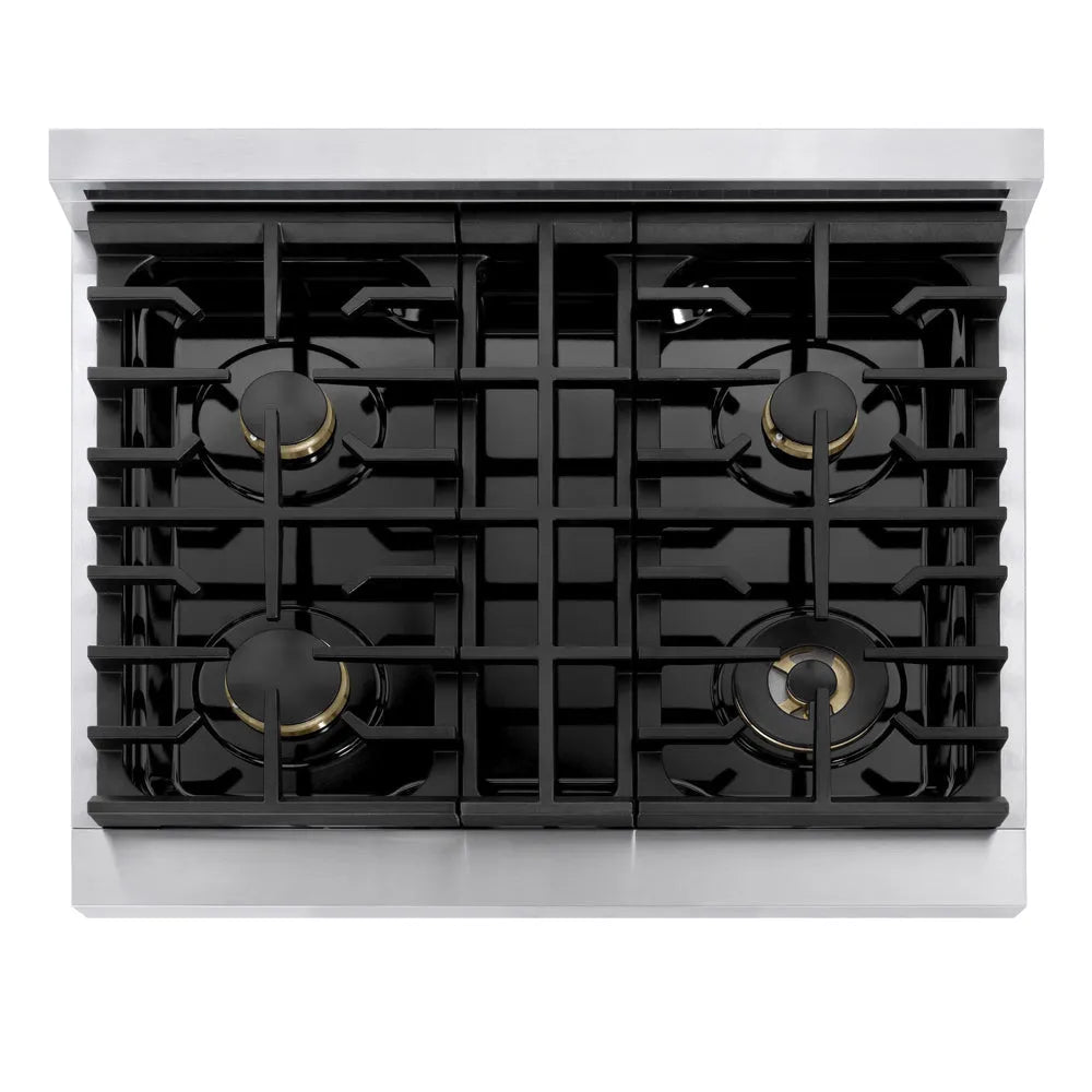 ZLINE Autograph Edition 30 in. 4.2 cu. ft. Marino Gas Range with 4 Burner Cooktop and Convection Gas Oven in Stainless Steel and Polished Gold Accents (MGRZ-30-G) top-down, above cooking surface.
