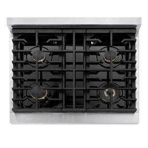 ZLINE Autograph Edition 30 in. 4.2 cu. ft. Marino Gas Range with 4 Burner Cooktop and Convection Gas Oven in Stainless Steel and Polished Gold Accents (MGRZ-30-G) top-down, above cooking surface.
