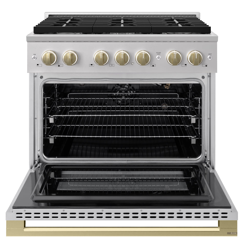 ZLINE Autograph Edition 36 in. 5.2 cu. ft. Marino Gas Range with 6 Burner Cooktop and Convection Gas Oven in Stainless Steel and Champagne Bronze Accents (MGRZ-36-CB)