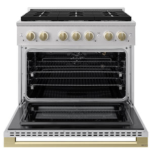 ZLINE Autograph Edition 36 in. 5.2 cu. ft. Marino Gas Range with 6 Burner Cooktop and Convection Gas Oven in Stainless Steel and Champagne Bronze Accents (MGRZ-36-CB)