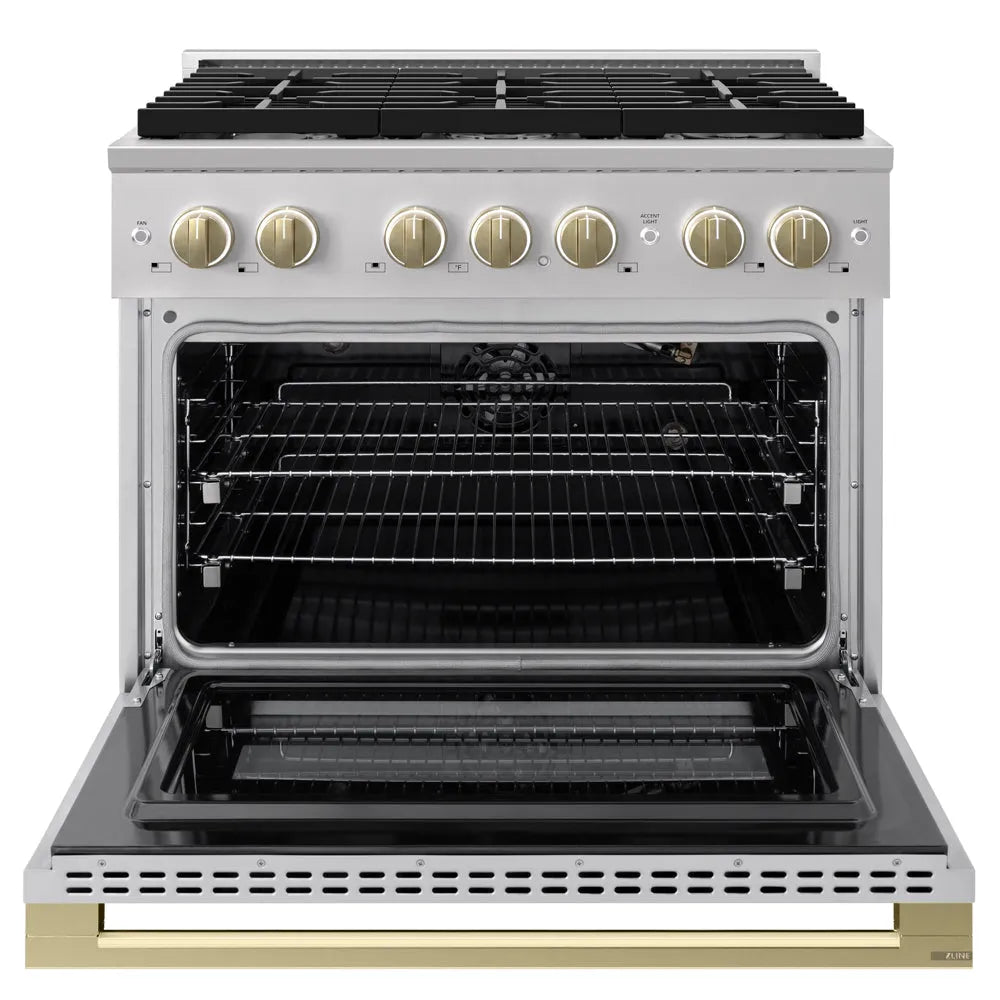ZLINE Autograph Edition 36 in. 5.2 cu. ft. Marino Gas Range with 6 Burner Cooktop and Convection Gas Oven in Stainless Steel and Champagne Bronze Accents (MGRZ-36-CB) front, oven open.
