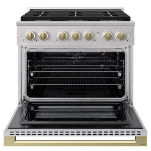 ZLINE Autograph Edition 36 in. 5.2 cu. ft. Marino Gas Range with 6 Burner Cooktop and Convection Gas Oven in Stainless Steel and Champagne Bronze Accents (MGRZ-36-CB) front, oven open.