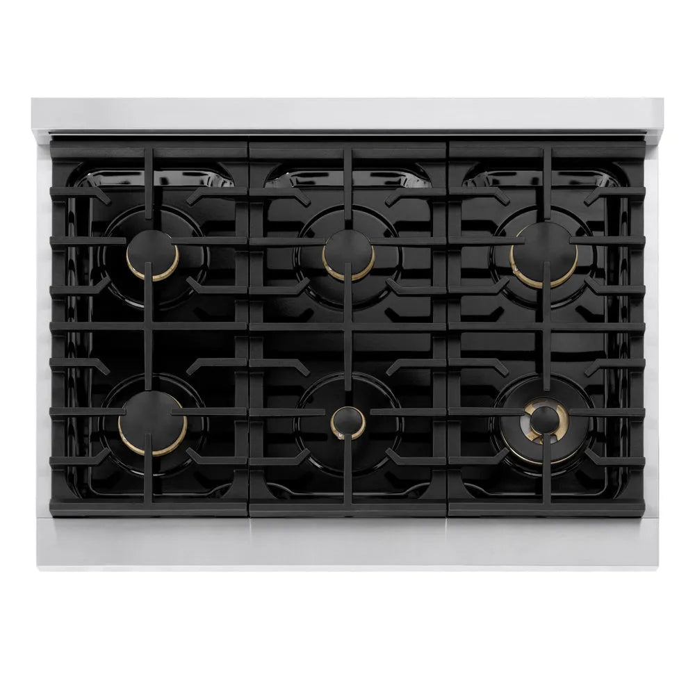 ZLINE Autograph Edition 36 in. 5.2 cu. ft. Marino Gas Range with 6 Burner Cooktop and Convection Gas Oven in Stainless Steel and Champagne Bronze Accents (MGRZ-36-CB) top-down, above cooking surface.