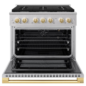 ZLINE Autograph Edition 36 in. 5.2 cu. ft. Marino Gas Range with 6 Burner Cooktop and Convection Gas Oven in Stainless Steel and Polished Gold Accents (MGRZ-36-G)