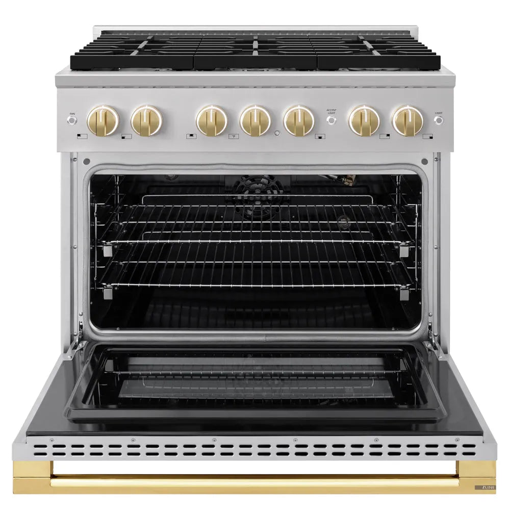 ZLINE Autograph Edition 36 in. 5.2 cu. ft. Marino Gas Range with 6 Burner Cooktop and Convection Gas Oven in Stainless Steel and Polished Gold Accents (MGRZ-36-G) front, oven open.
