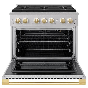 ZLINE Autograph Edition 36 in. 5.2 cu. ft. Marino Gas Range with 6 Burner Cooktop and Convection Gas Oven in Stainless Steel and Polished Gold Accents (MGRZ-36-G) front, oven open.