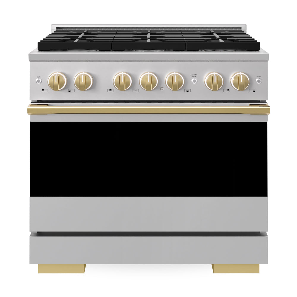 ZLINE Autograph Edition 36 in. 5.2 cu. ft. Marino Gas Range with 6 Burner Cooktop and Convection Gas Oven in Stainless Steel and Polished Gold Accents (MGRZ-36-G)