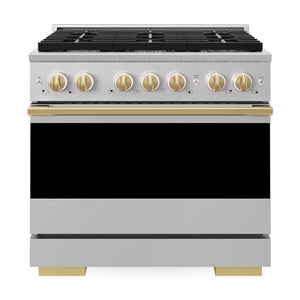 ZLINE Autograph Edition 36 in. 5.2 cu. ft. Marino Gas Range with 6 Burner Cooktop and Convection Gas Oven in Stainless Steel and Polished Gold Accents (MGRZ-36-G)