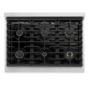 ZLINE Autograph Edition 36 in. 5.2 cu. ft. Marino Gas Range with 6 Burner Cooktop and Convection Gas Oven in Stainless Steel and Polished Gold Accents (MGRZ-36-G) top-down, above cooking surface.