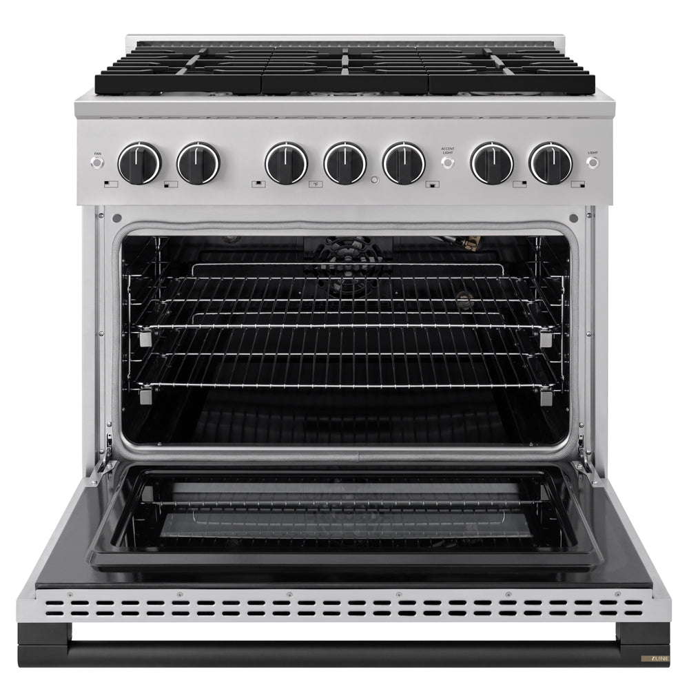 ZLINE Autograph Edition 36 in. 5.2 cu. ft. Marino Gas Range with 6 Burner Cooktop and Convection Gas Oven in Stainless Steel and Matte Black Accents (MGRZ-36-MB)