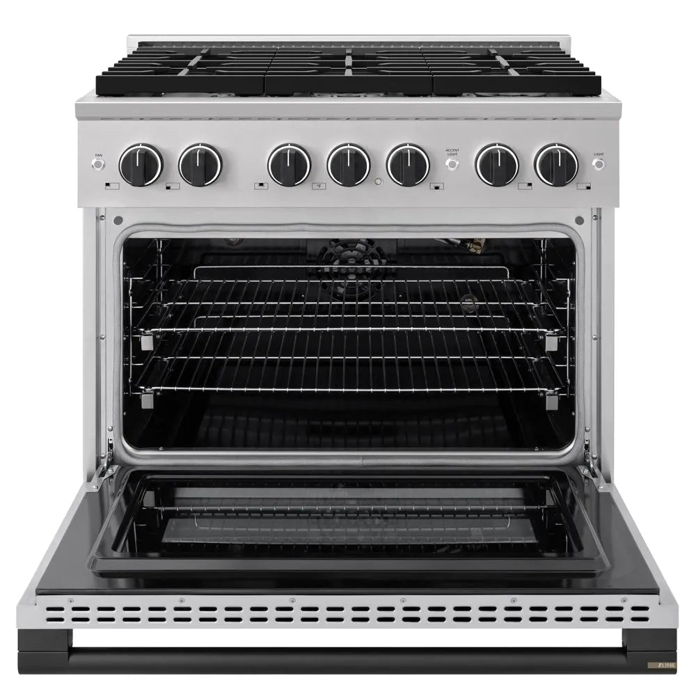ZLINE Autograph Edition 36 in. 5.2 cu. ft. Marino Gas Range with 6 Burner Cooktop and Convection Gas Oven in Stainless Steel and Matte Black Accents (MGRZ-36-MB) front, oven open.