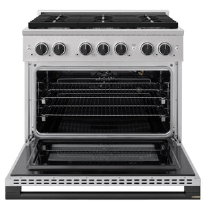 ZLINE Autograph Edition 36 in. 5.2 cu. ft. Marino Gas Range with 6 Burner Cooktop and Convection Gas Oven in Stainless Steel and Matte Black Accents (MGRZ-36-MB) front, oven open.