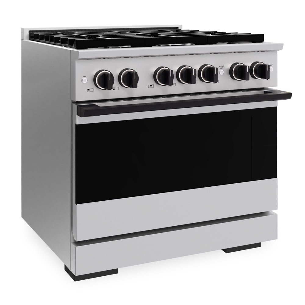 ZLINE Autograph Edition 36 in. 5.2 cu. ft. Marino Gas Range with 6 Burner Cooktop and Convection Gas Oven in Stainless Steel and Matte Black Accents (MGRZ-36-MB)