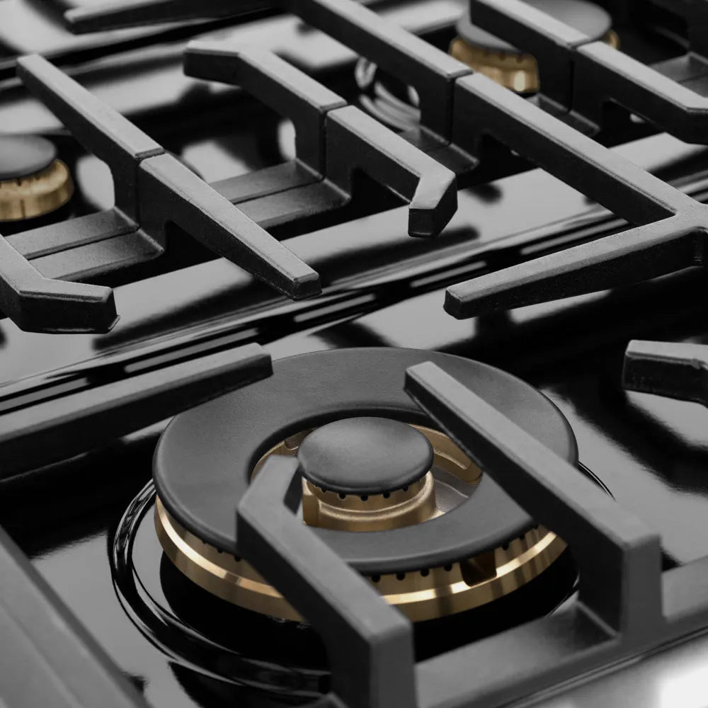 ZLINE Autograph Edition 48 in. 6.7 cu. ft. Marino Double Oven Gas Range with 8 Burner Cooktop in Stainless Steel and Champagne Bronze Accents (MGRZ-48-CB) close-up, large gas burner.