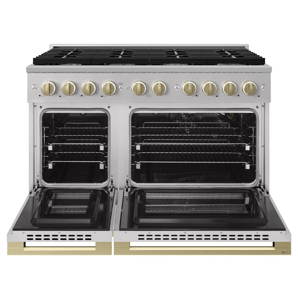 ZLINE Autograph Edition 48 in. 6.7 cu. ft. Marino Double Oven Gas Range with 8 Burner Cooktop in Stainless Steel and Champagne Bronze Accents (MGRZ-48-CB) front, oven open.