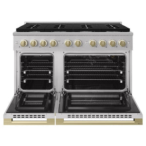 ZLINE Autograph Edition 48 in. 6.7 cu. ft. Marino Double Oven Gas Range with 8 Burner Cooktop in Stainless Steel and Champagne Bronze Accents (MGRZ-48-CB) front, oven open.