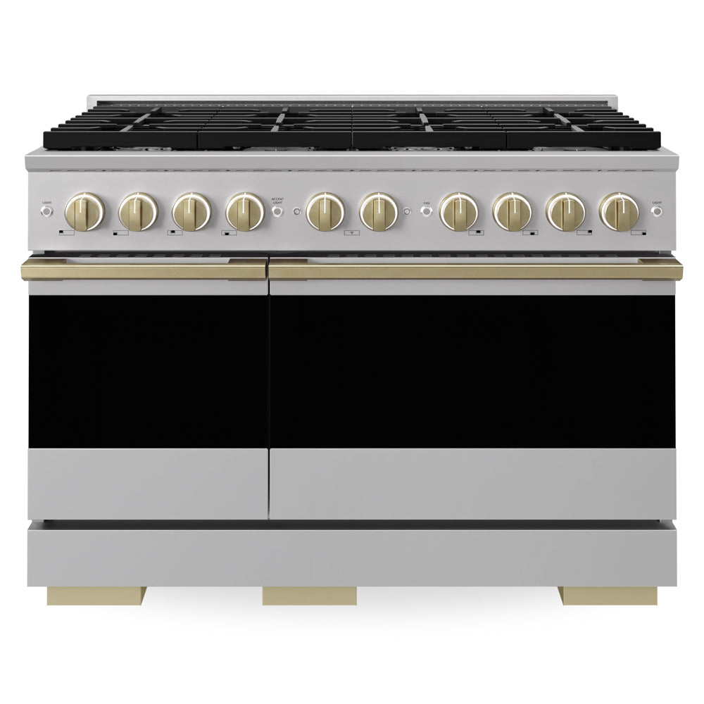 ZLINE Autograph Edition 48 in. 6.7 cu. ft. Marino Double Oven Gas Range with 8 Burner Cooktop in Stainless Steel and Champagne Bronze Accents (MGRZ-48-CB)