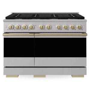 ZLINE Autograph Edition 48 in. 6.7 cu. ft. Marino Double Oven Gas Range with 8 Burner Cooktop in Stainless Steel and Champagne Bronze Accents (MGRZ-48-CB)