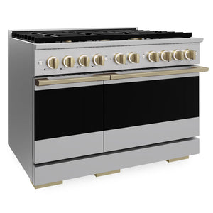ZLINE Autograph Edition 48 in. 6.7 cu. ft. Marino Double Oven Gas Range with 8 Burner Cooktop in Stainless Steel and Champagne Bronze Accents (MGRZ-48-CB)