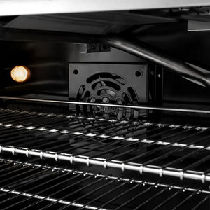 ZLINE Autograph Edition 48 in. 6.7 cu. ft. Marino Double Oven Gas Range with 8 Burner Cooktop in Stainless Steel and Polished Gold Accents (MGRZ-48-G) close-up, convection fan and lighting inside oven.