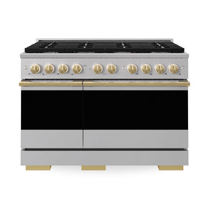 ZLINE Autograph Edition 48 in. 6.7 cu. ft. Marino Double Oven Gas Range with 8 Burner Cooktop in Stainless Steel and Polished Gold Accents (MGRZ-48-G)