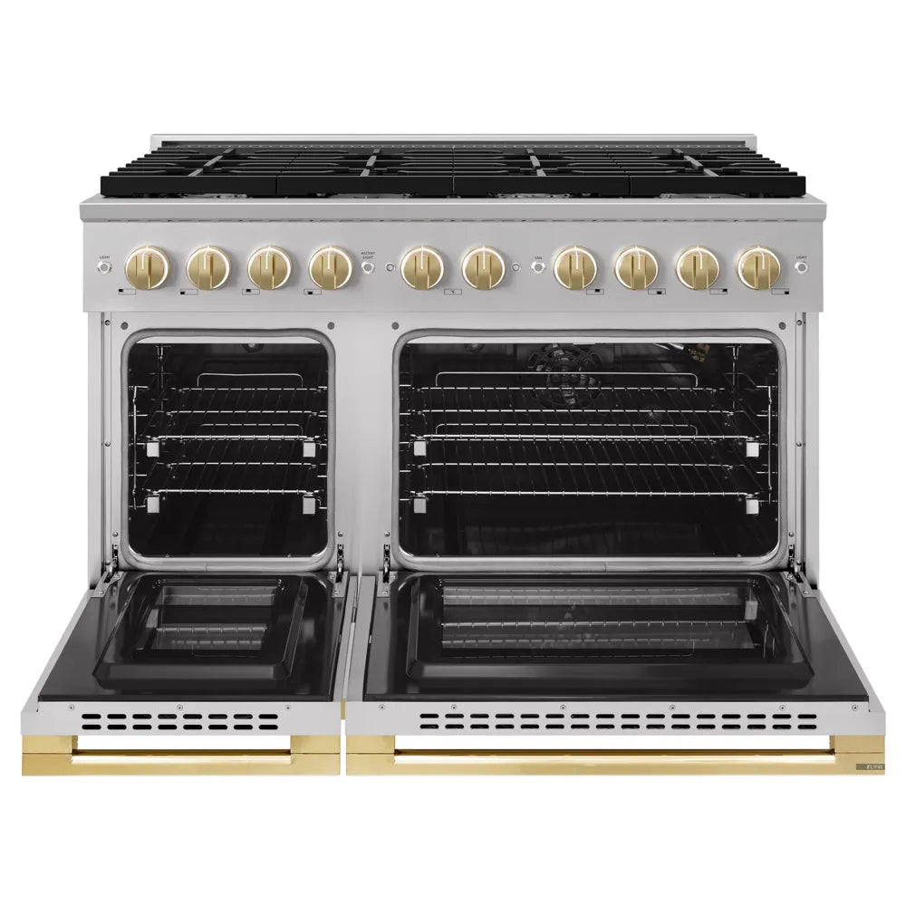 ZLINE Autograph Edition 48 in. 6.7 cu. ft. Marino Double Oven Gas Range with 8 Burner Cooktop in Stainless Steel and Polished Gold Accents (MGRZ-48-G) front, oven open.