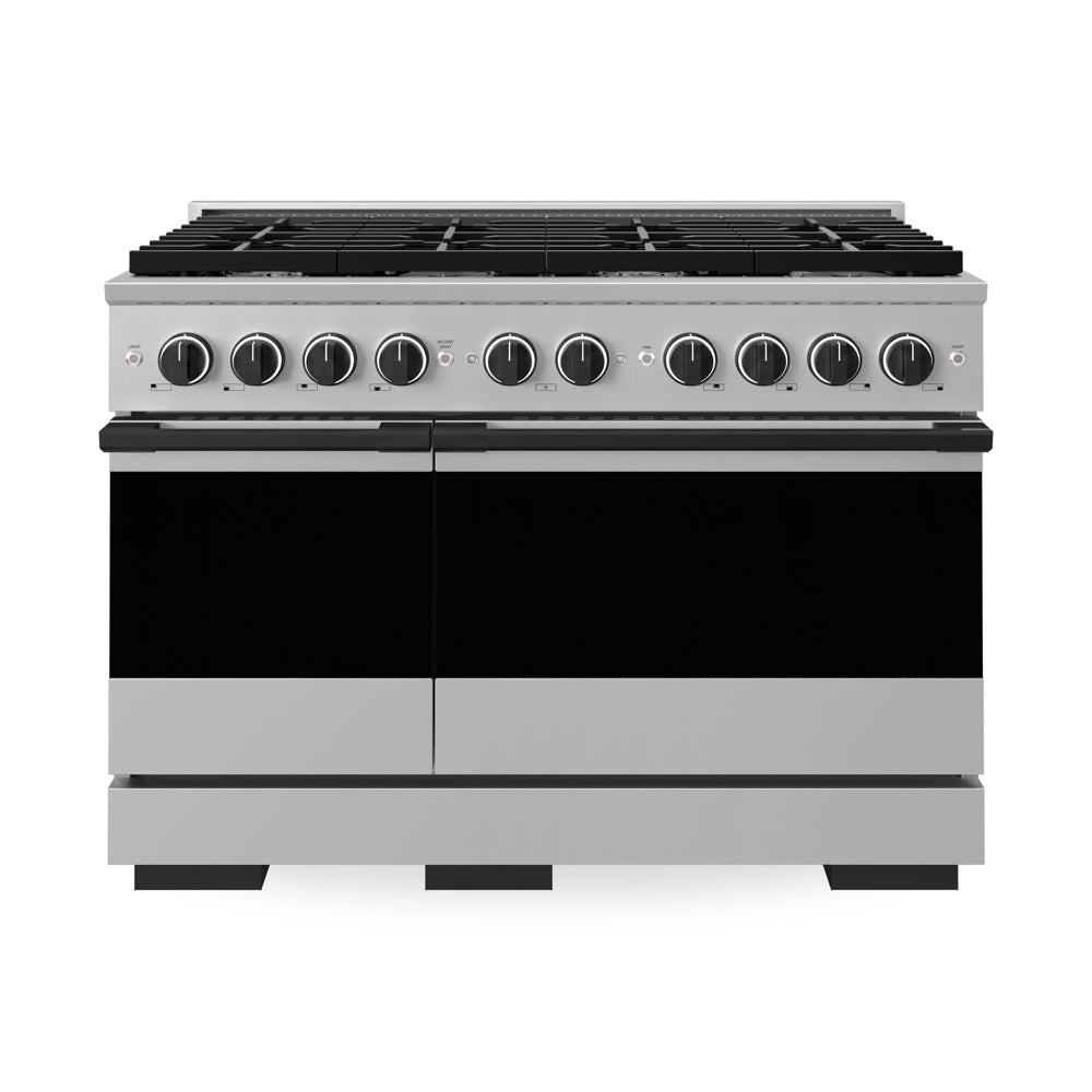 ZLINE Autograph Edition 48 in. 6.7 cu. ft. Marino Double Oven Gas Range with 8 Burner Cooktop in Stainless Steel and Matte Black Accents (MGRZ-48-MB)