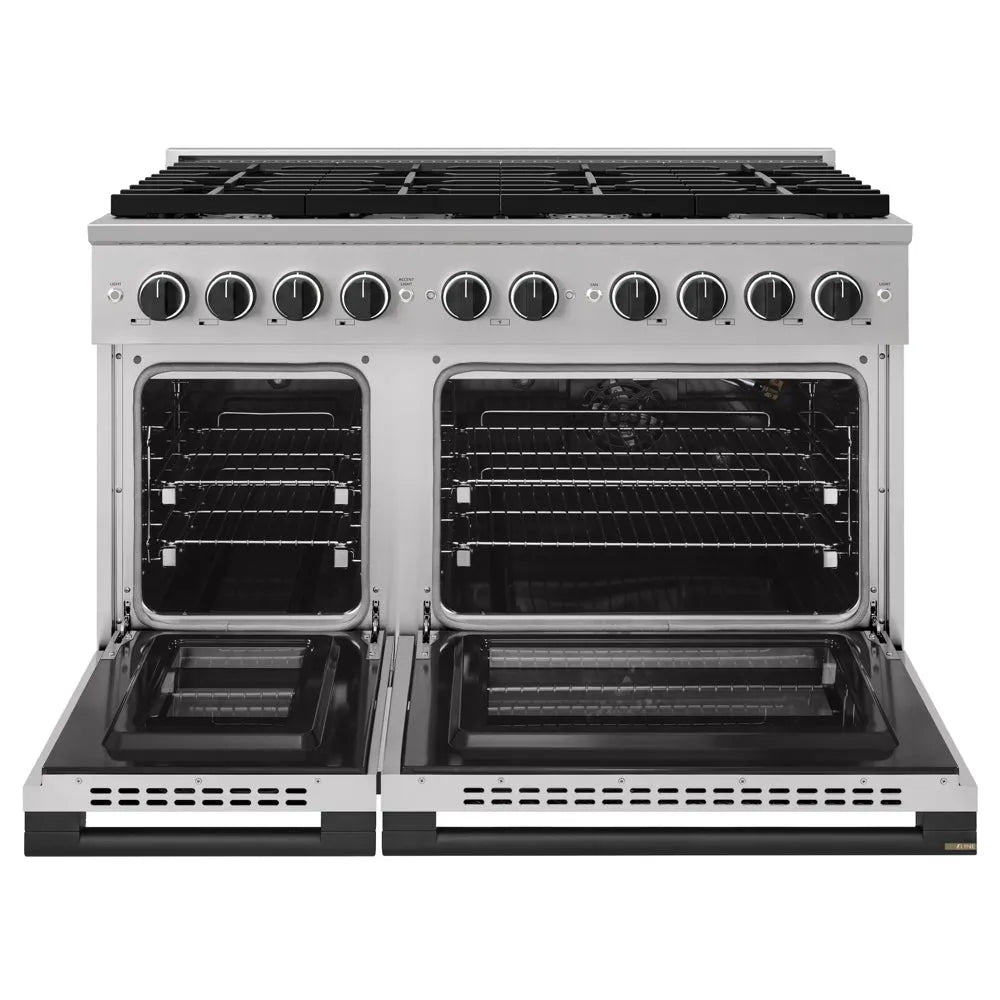 ZLINE Autograph Edition 48 in. 6.7 cu. ft. Marino Double Oven Gas Range with 8 Burner Cooktop in Stainless Steel and Matte Black Accents (MGRZ-48-MB) front, oven open.