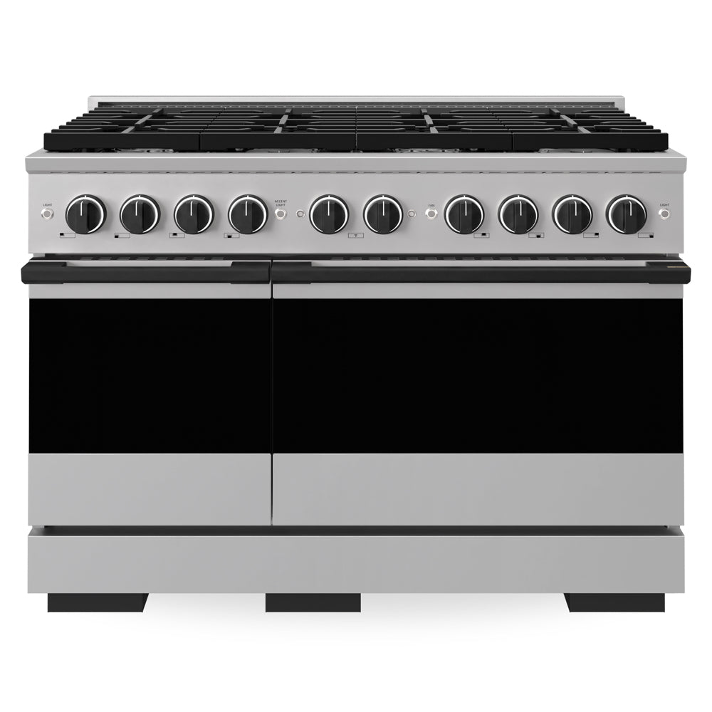 ZLINE Autograph Edition 48 in. 6.7 cu. ft. Marino Double Oven Gas Range with 8 Burner Cooktop in Stainless Steel and Matte Black Accents (MGRZ-48-MB)