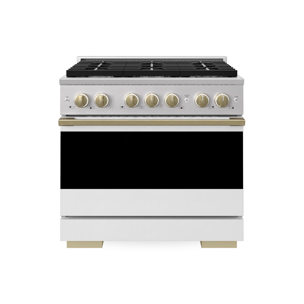 ZLINE Autograph Edition 36 in. 5.2 cu. ft. Marino Gas Range with 6 Burner Cooktop and Convection Gas Oven in Stainless Steel with White Matte Door and Champagne Bronze Accents (MGRZ-WM-36-CB)