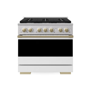 ZLINE Autograph Edition 36 in. 5.2 cu. ft. Marino Gas Range with 6 Burner Cooktop and Convection Gas Oven in Stainless Steel with White Matte Door and Champagne Bronze Accents (MGRZ-WM-36-CB)