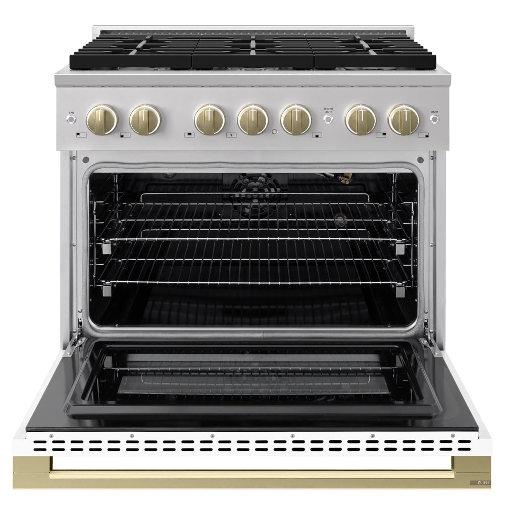 ZLINE Autograph Edition 36 in. 5.2 cu. ft. Marino Gas Range with 6 Burner Cooktop and Convection Gas Oven in Stainless Steel with White Matte Door and Champagne Bronze Accents (MGRZ-WM-36-CB)