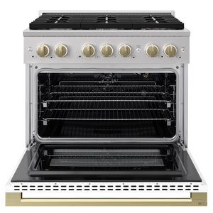 ZLINE Autograph Edition 36 in. 5.2 cu. ft. Marino Gas Range with 6 Burner Cooktop and Convection Gas Oven in Stainless Steel with White Matte Door and Champagne Bronze Accents (MGRZ-WM-36-CB)