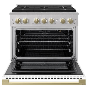 ZLINE Autograph Edition 36 in. 5.2 cu. ft. Marino Gas Range with 6 Burner Cooktop and Convection Gas Oven in Stainless Steel with White Matte Door and Champagne Bronze Accents (MGRZ-WM-36-CB) front, oven open.
